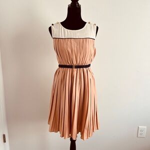 Freeway Anthropologie Belted Pleated Dress, Navy and Gold Accents M